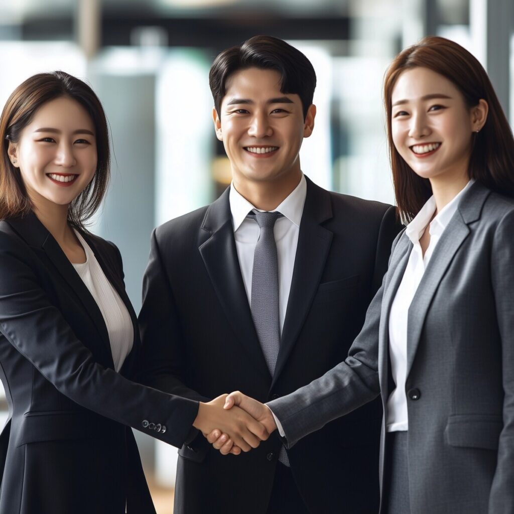 신용정보사별 신용점수 차이 비교 썸네일 두명의 여자와 한명의 남자가 서로 악수하는 신뢰있는 모습을 나타냄