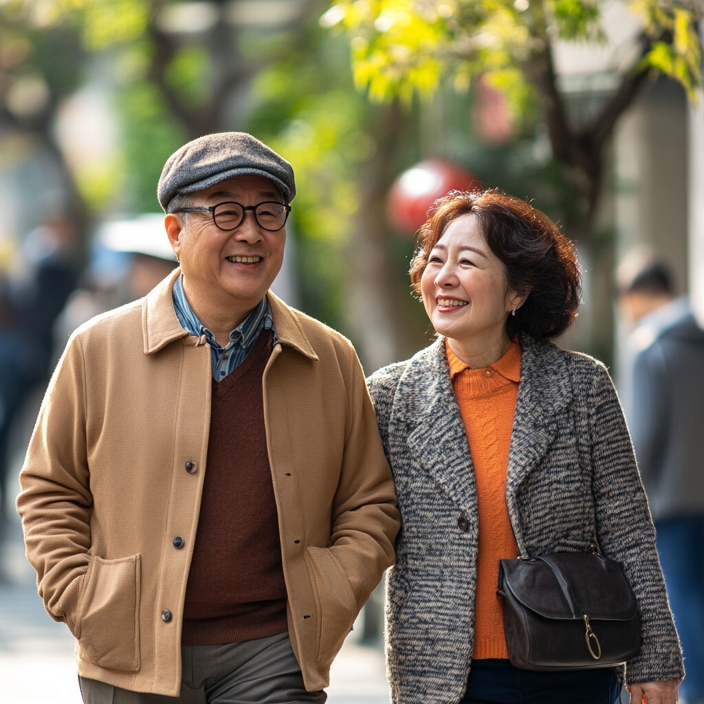 퇴직연금 혜택으로 행복한 은퇴생활을 즐기는 노부부가 함께 걷고 있는 모습