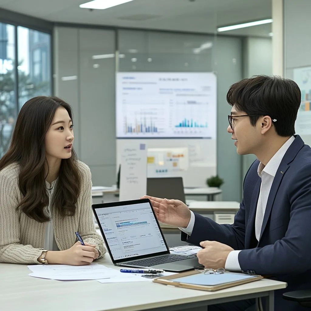 노후 파산을 막는 연금 설계 상담하는 남성과 여성